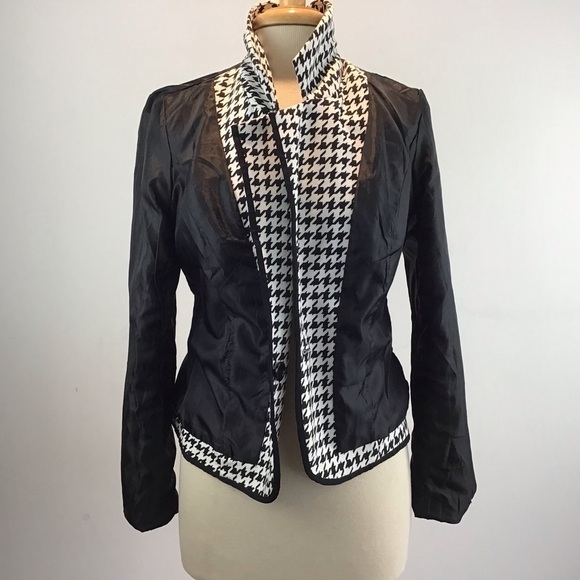 Black/White houndstooth lined knit one button black trim Donna Moore jacket M - Picture 6 of 11